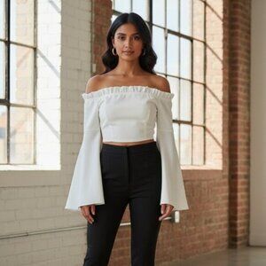Women's Essue Top Blouse Off Shoulder Split Wide Flare Sleeve Cropped Off White